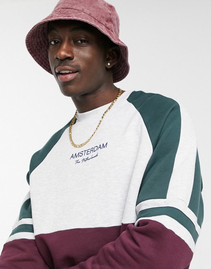 Asos Design Oversized Sweatshirt With Amsterdam Print & Color Blocking-multi