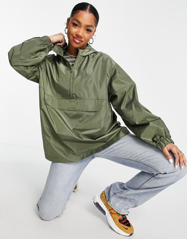 Asos Design Overhead Recycled Rain Jacket In Khaki-green
