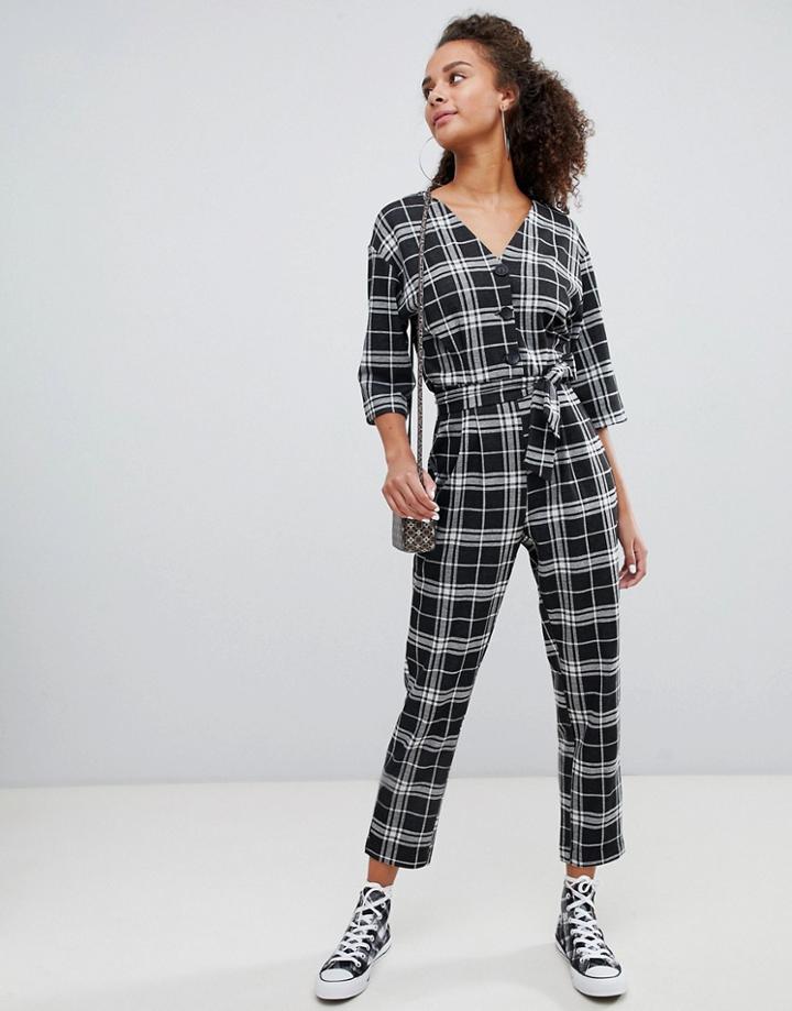 Bershka Button Front Tie Waist Jumpsuit In Check - Multi