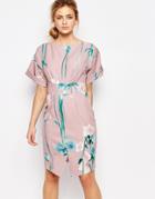 Closet Tie Front Dress With Kimono Sleeve In Floral Print - Floral Print