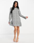 Ax Paris Long Sleeve Mini Dress In Gray With Polka Dot Print-white