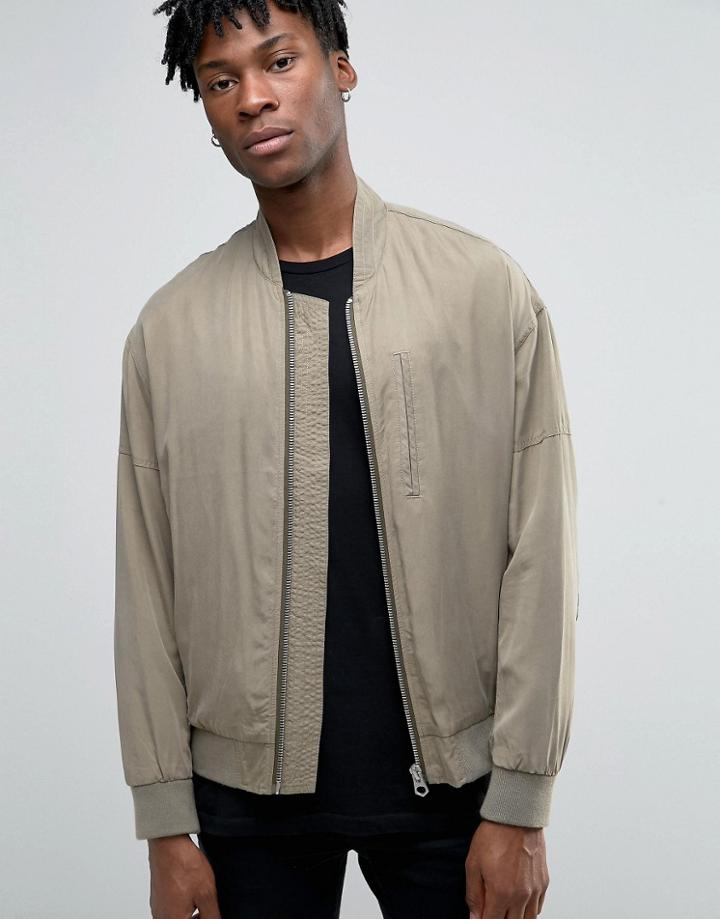 Asos Tencel Stone Wash Bomber In Khaki - Green