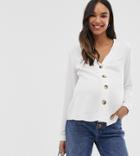Asos Design Maternity Boxy Top With Contrast Buttons And Long Sleeve - White