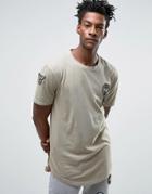 Only & Sons Longline T-shirt With Curved Hem And Badges - Beige