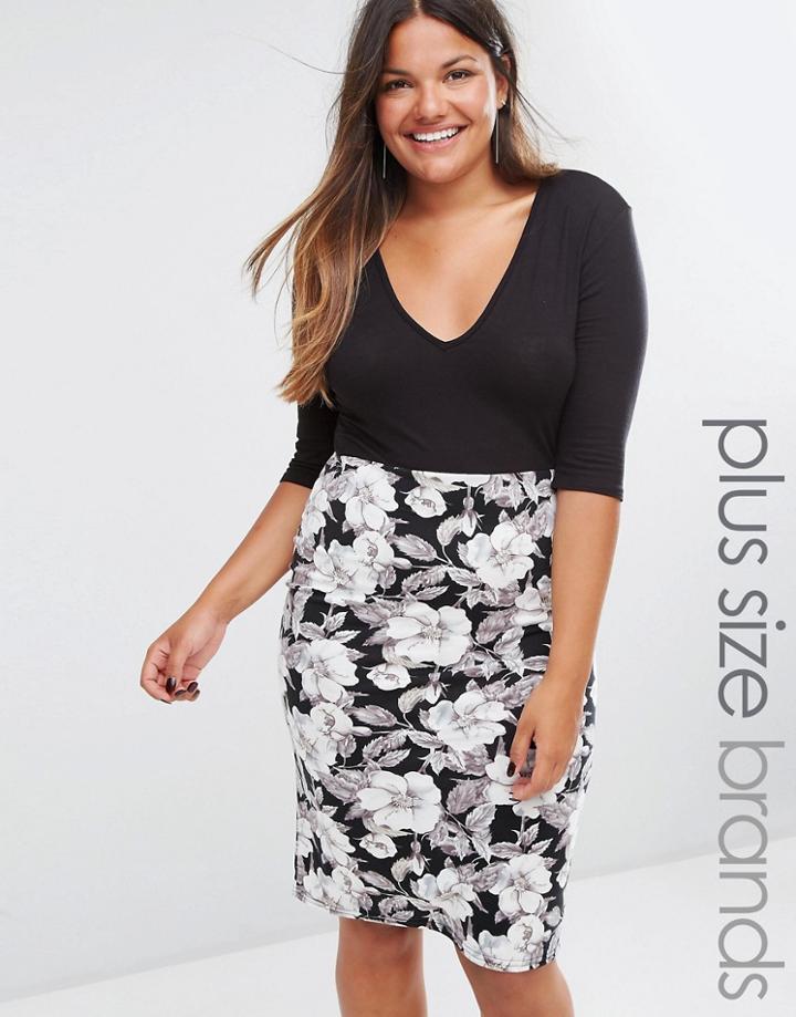 Club L Plus Plunge Midi Dress With Floral Print Skirt - Black