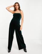 Topshop Square Neck Velvet Jumpsuit In Green