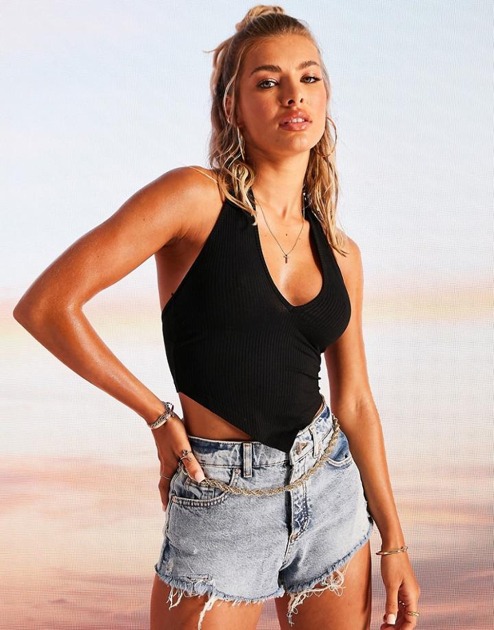 Asos Design Plunge Halter Top With Scarf Hem In Black
