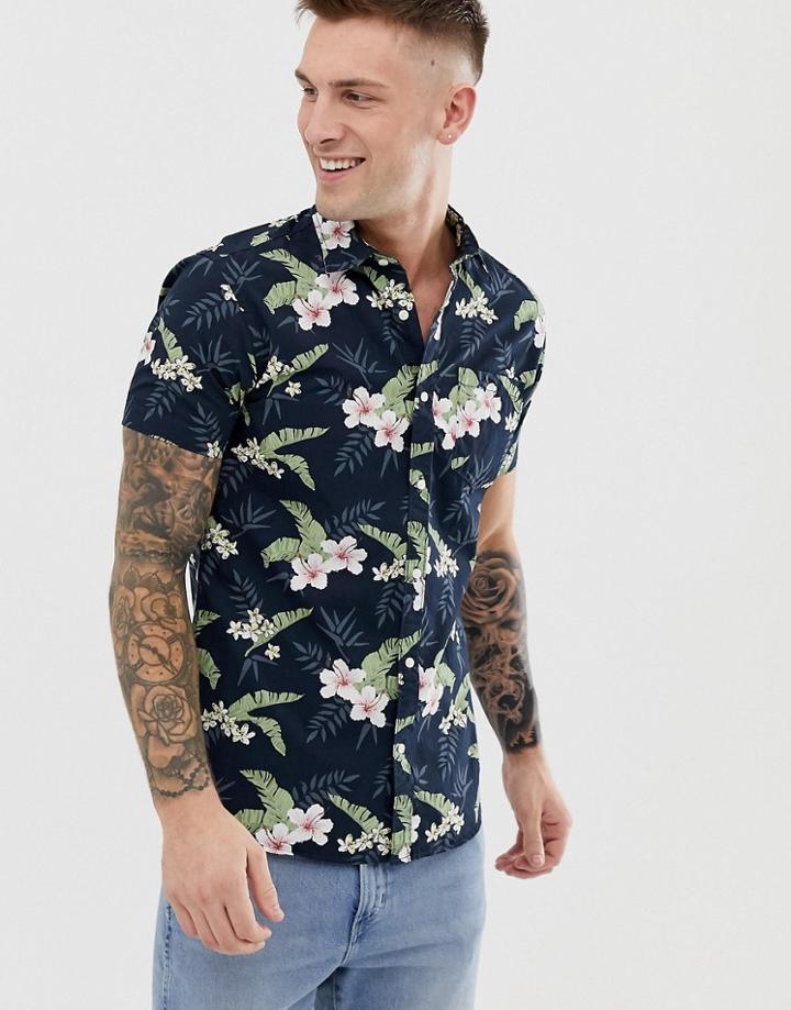 Jack & Jones Essentials Floral Printed Short Sleeve Shirt In Navy - Black