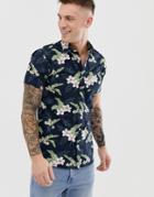 Jack & Jones Essentials Floral Printed Short Sleeve Shirt In Navy - Black