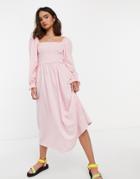 New Look Shirred Midi Dress In Pink Gingham