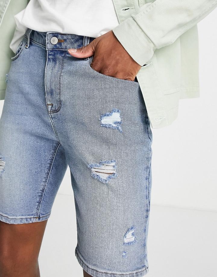 Asos Design Skinny Denim Jeans With Rips In Mid Blue Wash