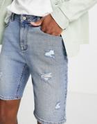 Asos Design Skinny Denim Jeans With Rips In Mid Blue Wash
