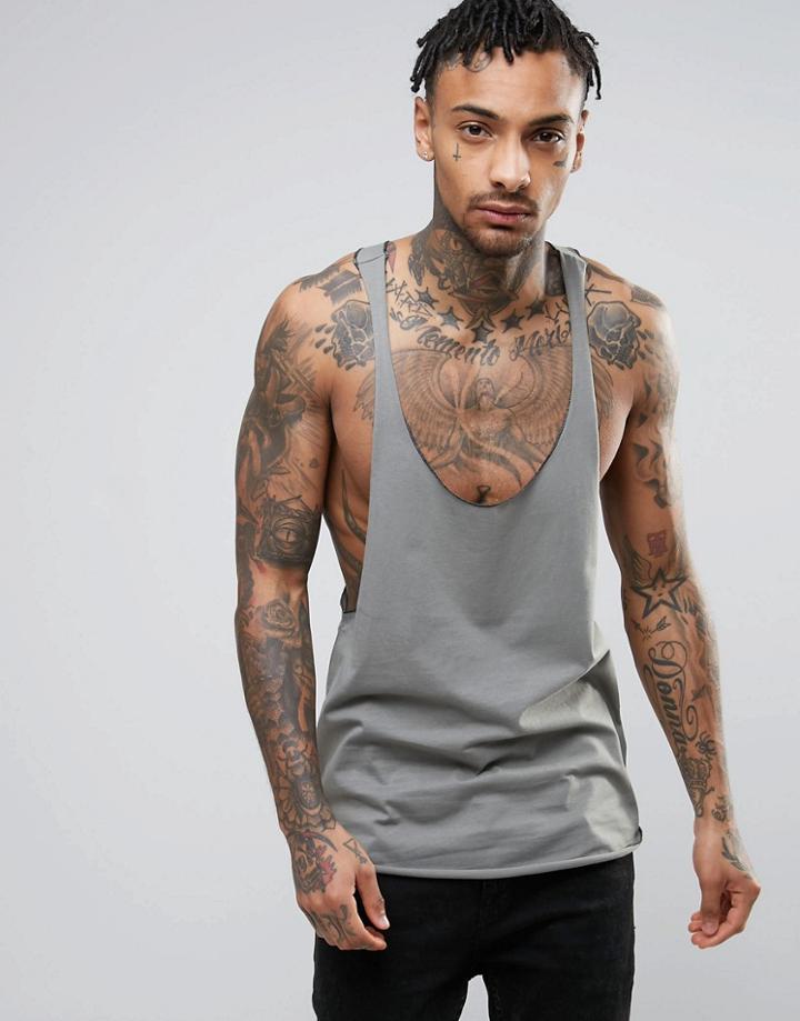 Asos Extreme Racer Back Vest With Contrast Stitch In Grey - Green