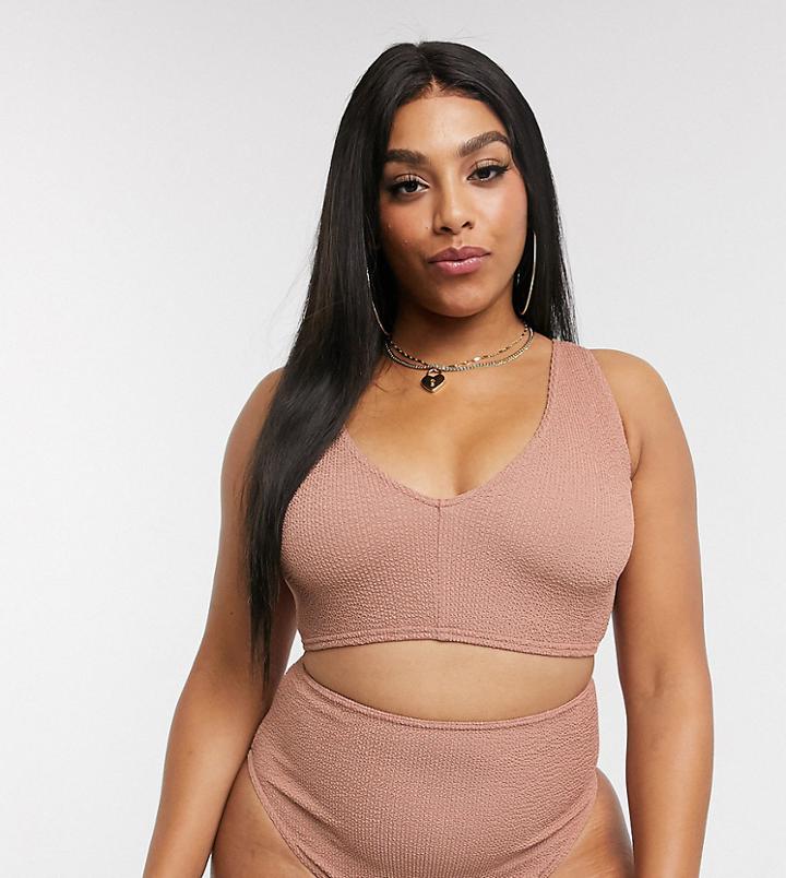 Asos Design Curve V Front Crinkle Crop Bikini Top In Rose Mink-pink