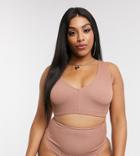 Asos Design Curve V Front Crinkle Crop Bikini Top In Rose Mink-pink