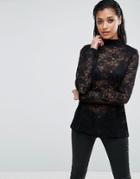 Asos Top In Lace With Shoulder Pad - Black