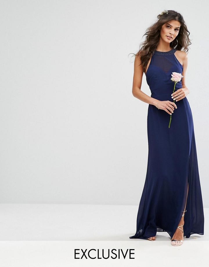 Tfnc Wedding Chiffon Maxi Dress With Tonal Embellishment And Tie Detail - Navy