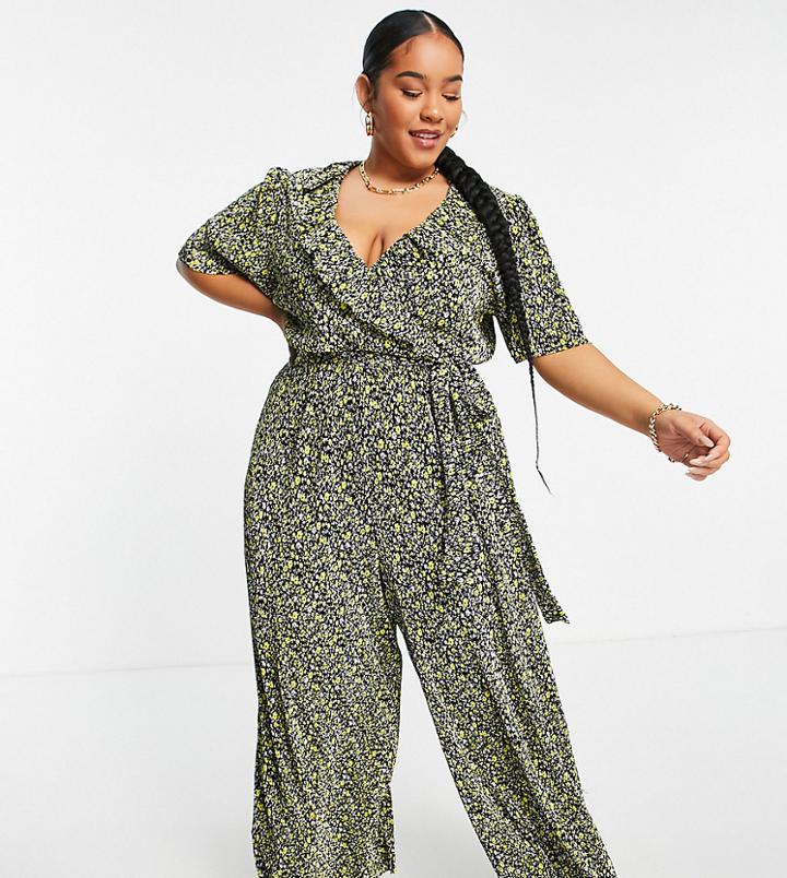 Asos Design Curve Frill Wrap Plisse Jumpsuit In Dark Floral-multi