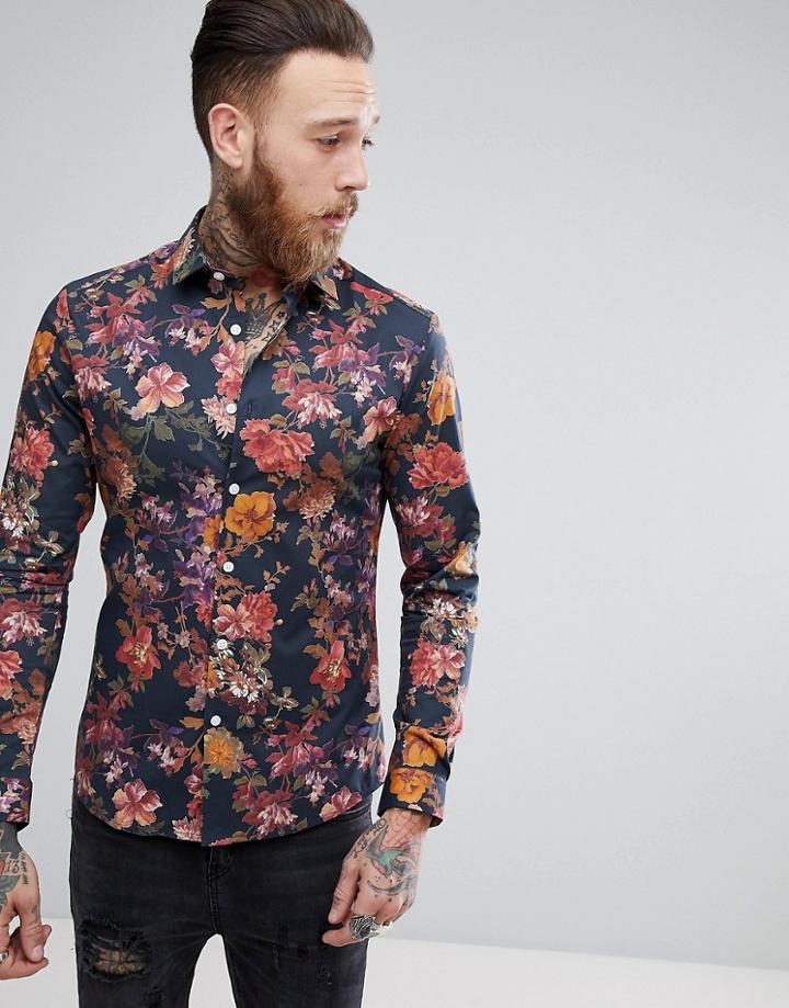 Asos Skinny Floral Print Shirt - Navy