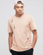 Jack & Jones Crew Neck T-shirt In Washed Cotton With Distressed Detail - Nougat
