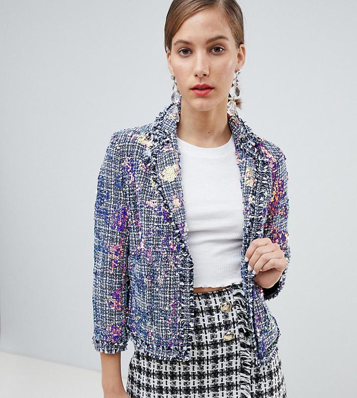 River Island Sequin Embellished Jacket In Tweed - Blue