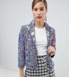River Island Sequin Embellished Jacket In Tweed - Blue