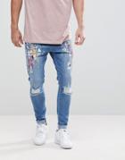 Siksilk Muscle Fit Drop Crotch Jeans With Paint And Knee Rips - Blue
