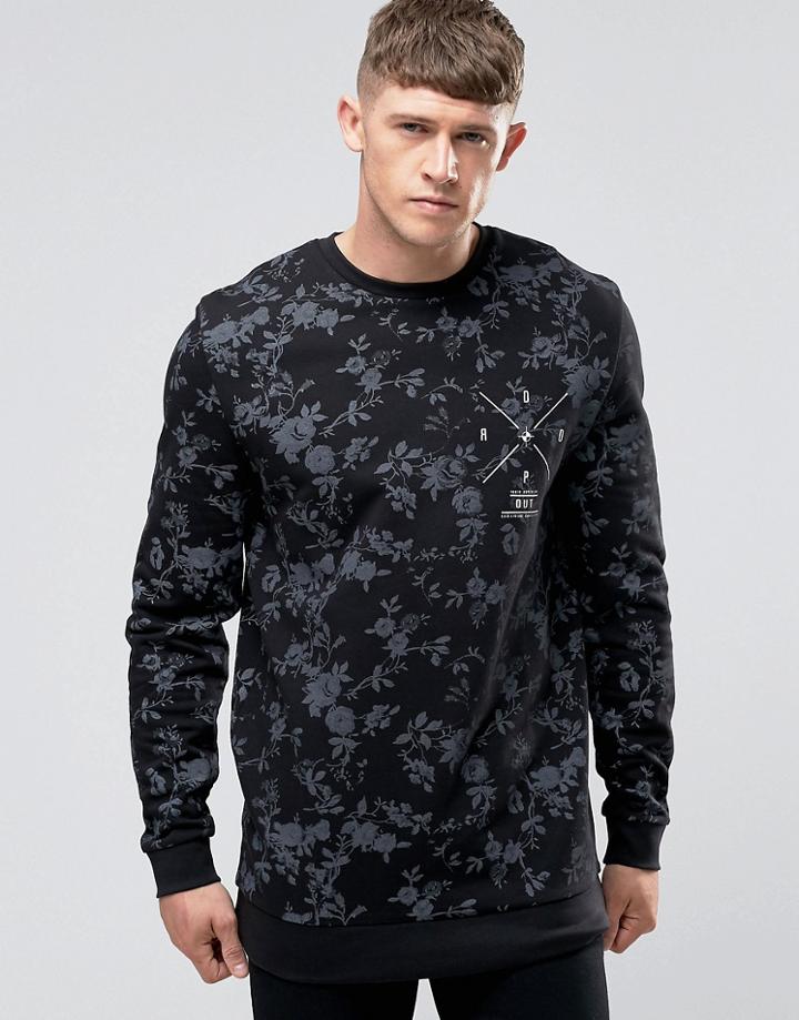 Asos Floral Print Sweatshirt With Chest Print - Black