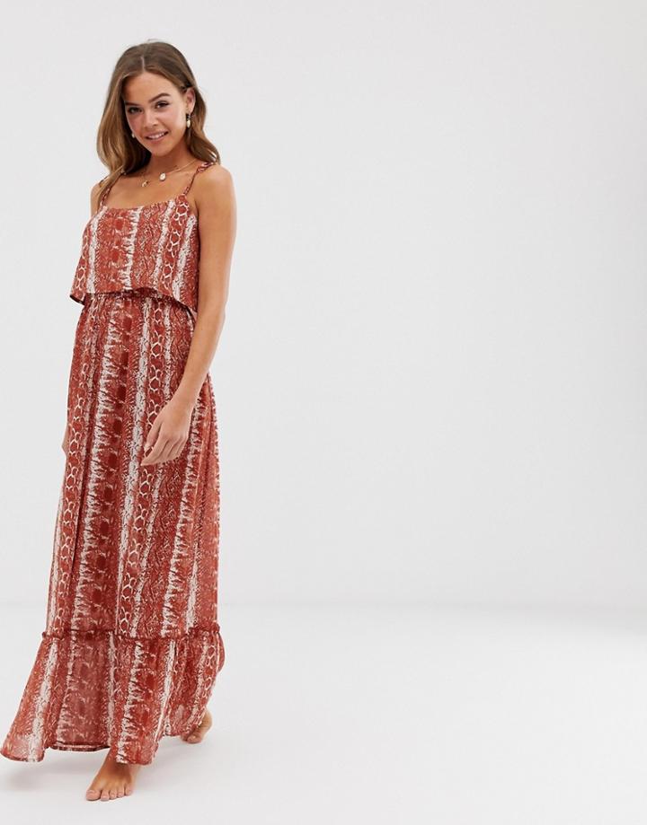 Influence Tie Shoulder Beach Maxi Dress In Rust Snake Print - Multi