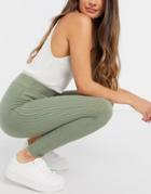 Miss Selfridge Ribbed Leggings In Khaki-green