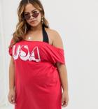Asos Design Curve Usa Jersey Beach Off Shoulder Tee Cover Up-red