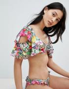 Asos Design Festival Tropical Print Double Frill Bikini Top - Multi