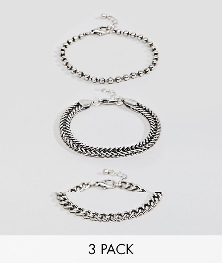 Asos Design Mixed Chain Bracelet Pack In Burnished Silver - Silver