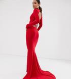 Club L Londontall High Neck Long Sleeve Fishtail Maxi Dress With Open Back Thong Detail In Red - Red