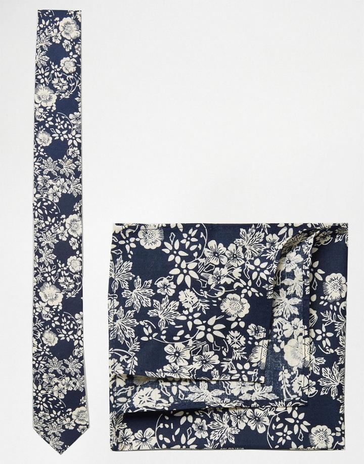 Asos Floral Tie And Pocket Square Set In Navy - Navy