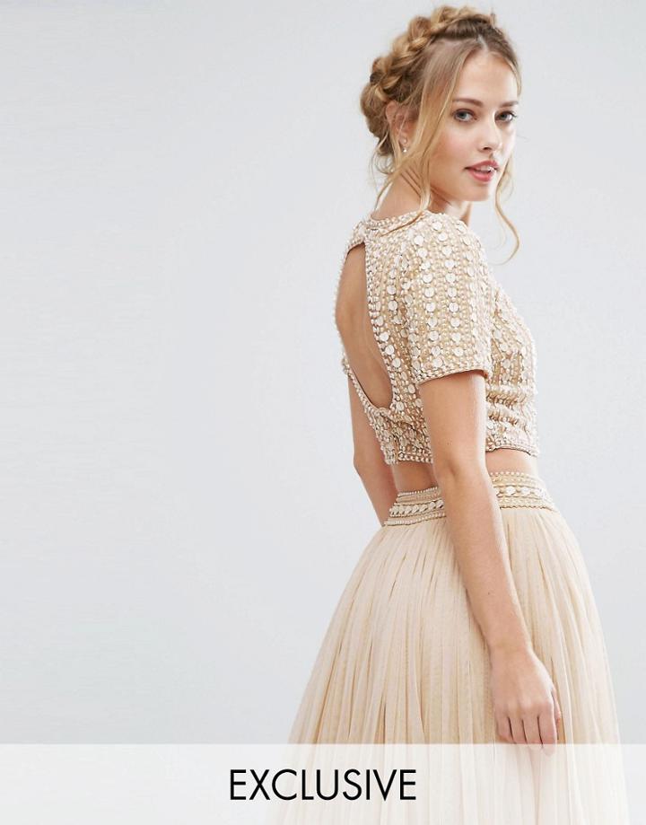 Lace & Beads Cropped Top With Embellishment And Open Back Co Ord - Cream