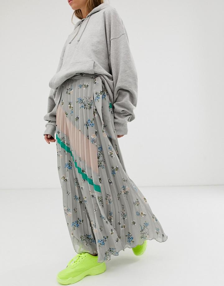 Asos Design Pleated Wrap Maxi Skirt In Spliced Floral Print-multi