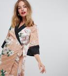 Asos Design Petite Kimono Wrap Mini Dress In Floral Jacquard Print - Multi