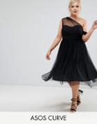 Asos Curve Dobby Mesh One Shoulder Prom Dress - Black
