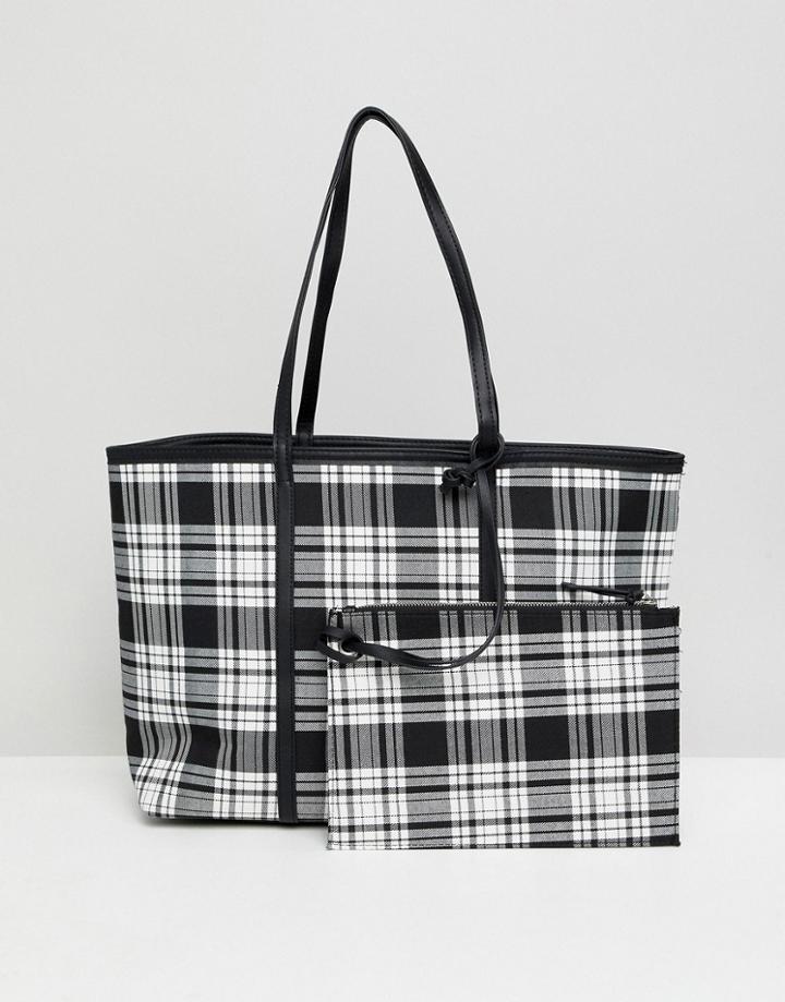 Stradivarius Reversible Check Shopper - Black