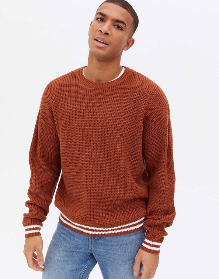 New Look Waffle Stripe Sweater In Burnt Orange