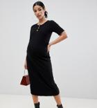 Asos Design Maternity Midi Rib Bodycon Dress With Faux Horn Buttons-black