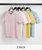 Asos Design 5 Pack Organic Muscle Fit T-shirt With Crew Neck-multi