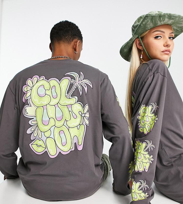 Collusion Unisex Long Sleeve T-shirt With Logo Graphic Print In Charcoal-gray