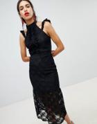Lost Ink Lace Midi Dress In Bodycon With Frill Placket-black