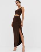 Prettylittlething Slinky One Shoulder Cut Out Midi Dress With Ruched Side Split In Chocolate - Brown