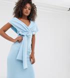 Asos Design Tall Fallen Shoulder Midi Pencil Dress With Tie Detail-blue