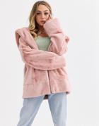 Jayley Faux Fur Hooded Jacket With Drawstring Waist-pink