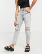 Bershka Slim Jeans With Distressed Hem In Washed Gray-grey