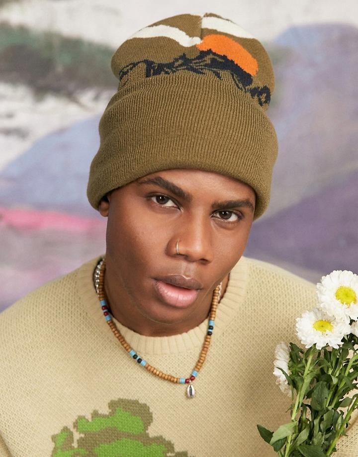 Asos Design Beanie With Landscape Design In Brown
